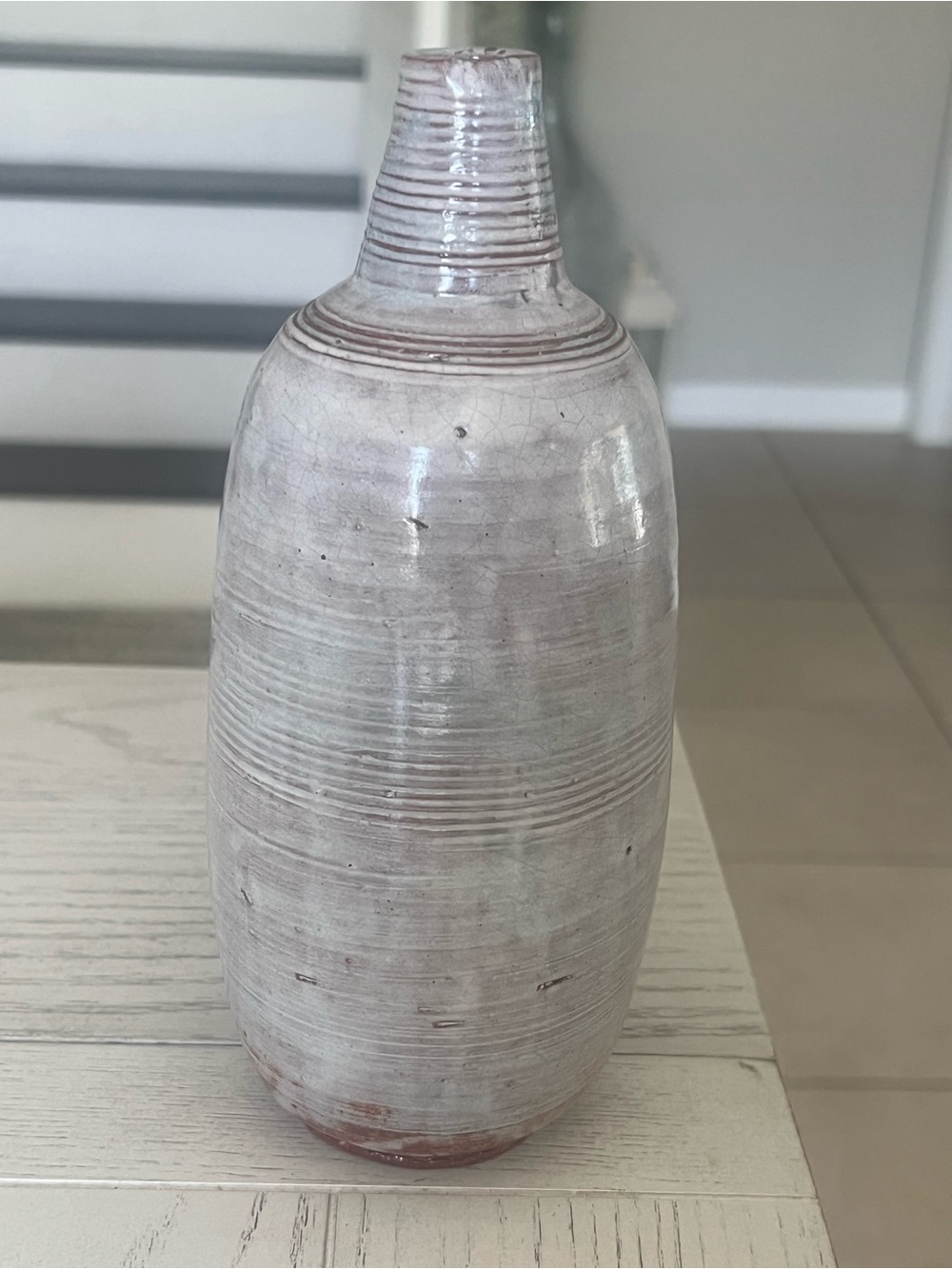 Signed Studio Pottery Vase White Crackle Glaze Ribbed Terracotta 9” Handmade
